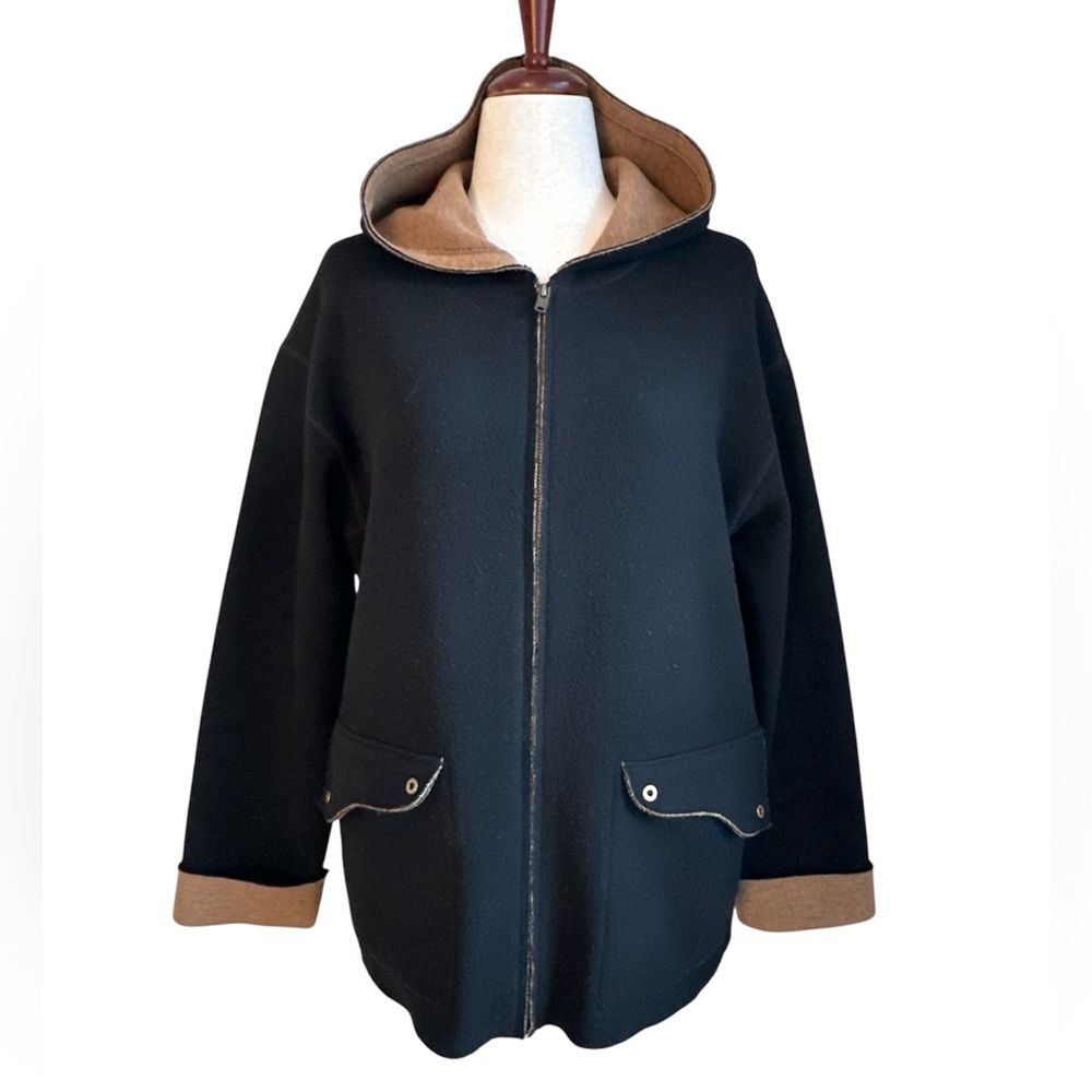 VTG Lauren Ralph Lauren Wool Hooded Zip Cardigan Sweater Black Camel Y2K Size M